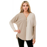 Colorblock Dolman Sleeve Zipper Top Ivory + Taupe