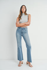 Distressed Raw Hem Flare Jeans Medium Denim