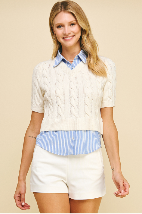 Stripe Underlay Cable Knit Half Sleeve Top Off White + Blue
