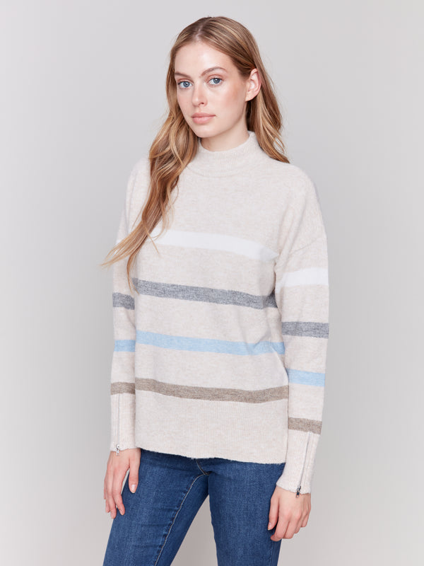 Printed Mock Neck Sweater Heather Beige