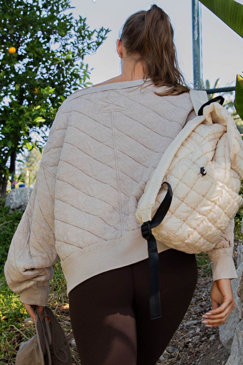 Quilted Puff Round Neck Pullover Beige Taupe