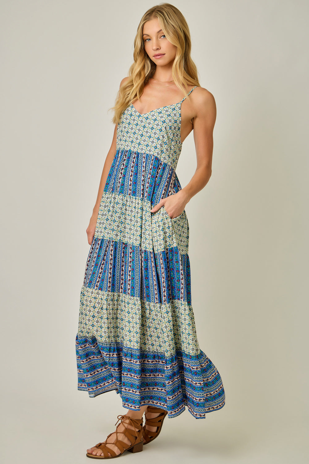 Color Blocked Boho Challis Tiered Sundress Sage + Blue