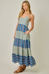 Color Blocked Boho Challis Tiered Sundress Sage + Blue