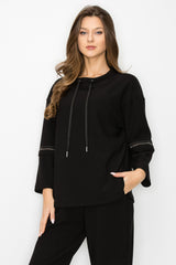 Kayla Beaded Trim Cowl Drawstring Top Black