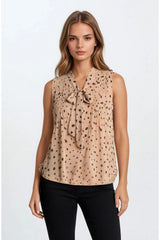 Chiffon Print Neck Bow Pintuck Tank Light Beige