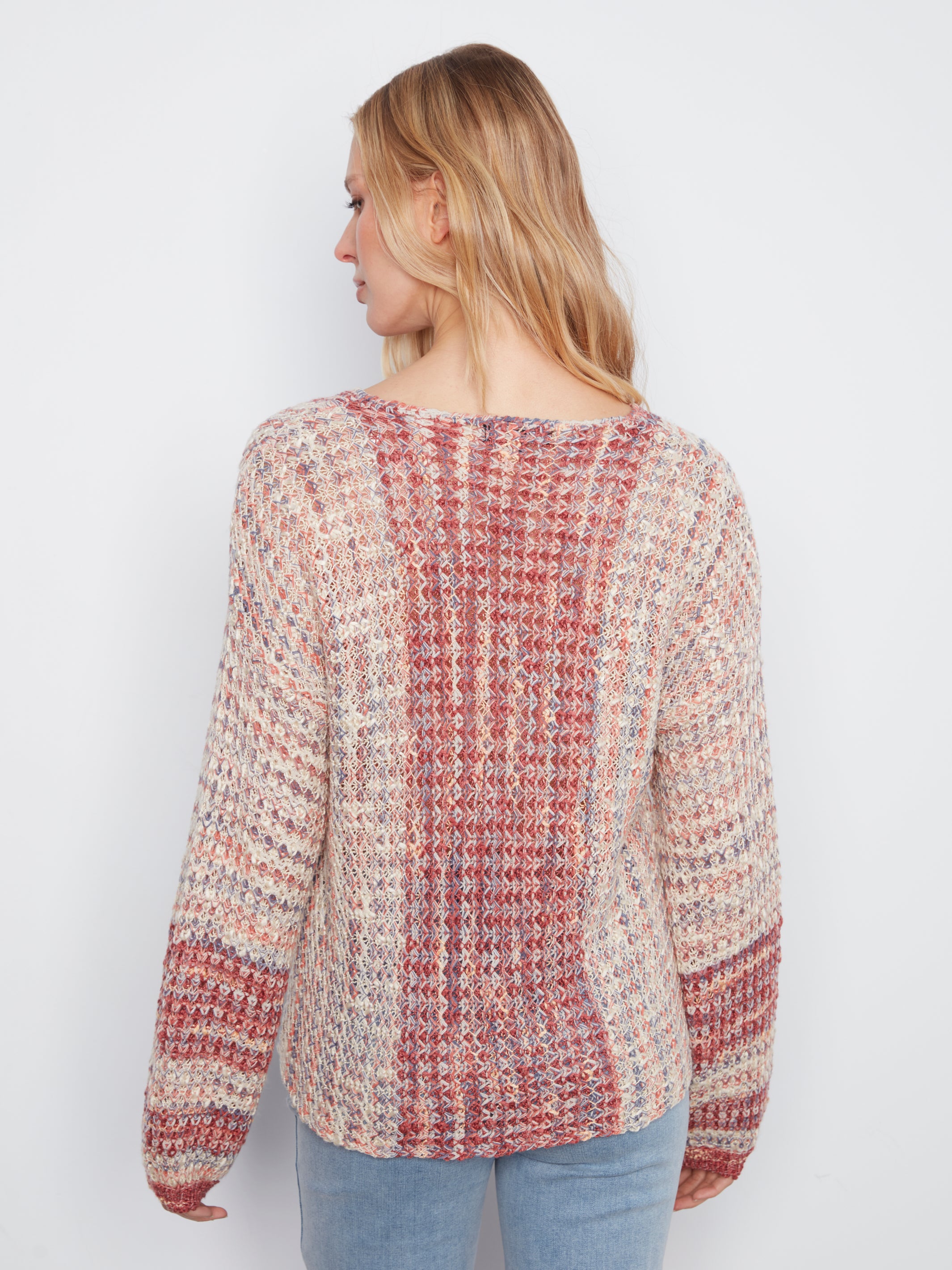 Novelty Stitched Drop Shoulder Vneck Sweater Rosebud