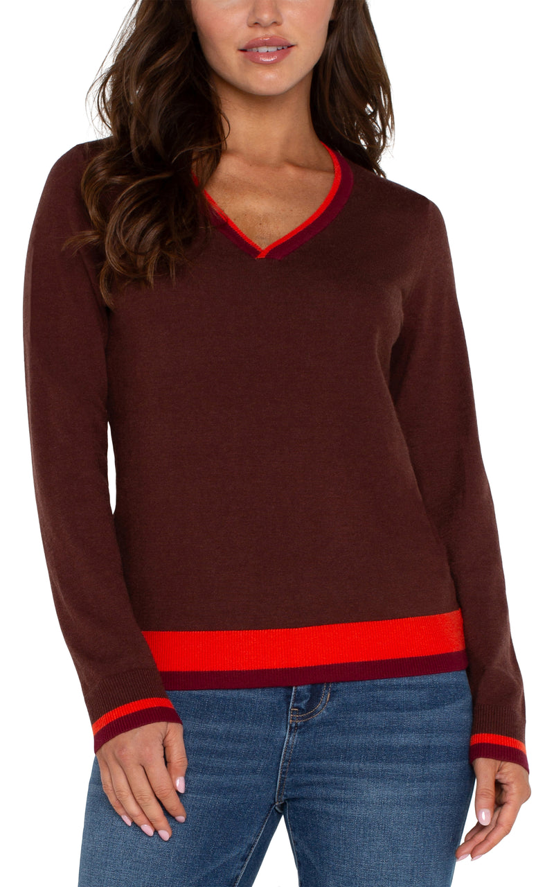 Vneck Center Stripe Back Sweater Retro Brown Multi