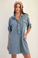 Washed Waffle Loose Fit Mini Dress Denim