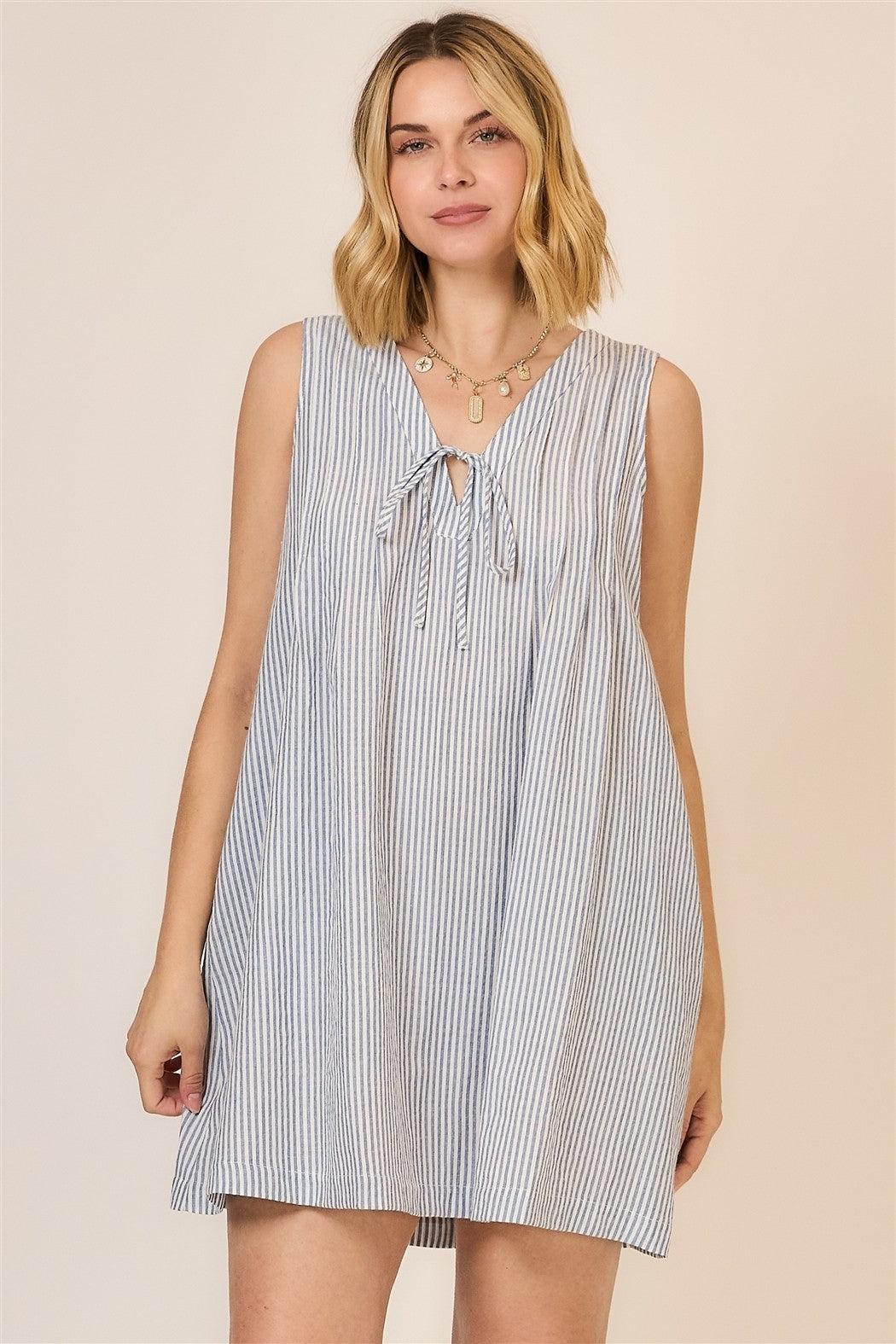 Tie Detail Vneck Stripe Sleeveless Dress Light Denim