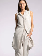 Reef Point Sleeveless Collared Dress Linen Black Stripe