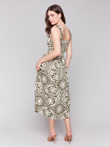 Shirred Detail Printed Sleeveless Dress Celadon