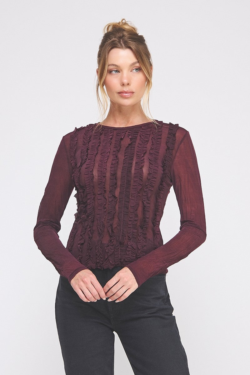 Crinkled Silky Sheer Long Sleeve Plum