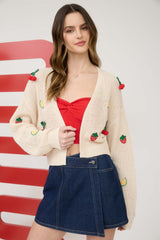 Crochet Fruit Detail Open Front Cardi Cream