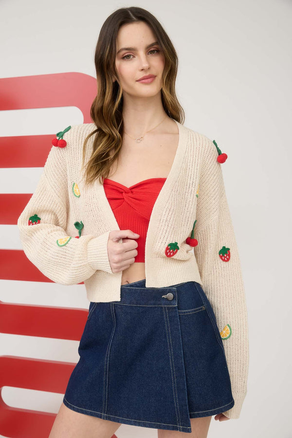 Crochet Fruit Detail Open Front Cardi Cream