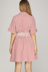 Gingham Smock Back Pintuck Waist Mini Dress Red