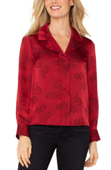 Hidden Placket Long Sleeve Woven Blouse Dark Red Floral