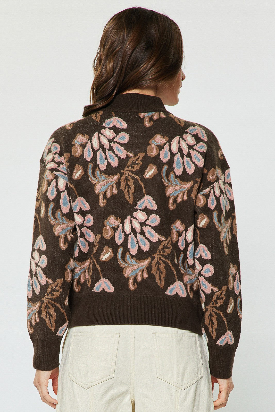 3/4 Zip Floral Jacquard Sweater Chocolate
