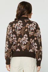 3/4 Zip Floral Jacquard Sweater Chocolate
