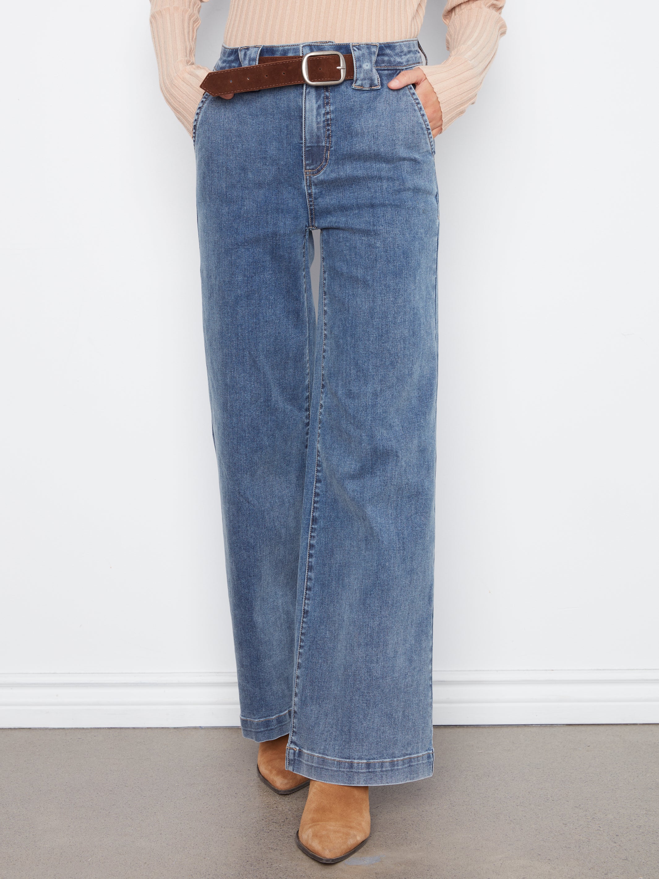 Removable Belt Flare Wide Leg Jeans Medium Blue