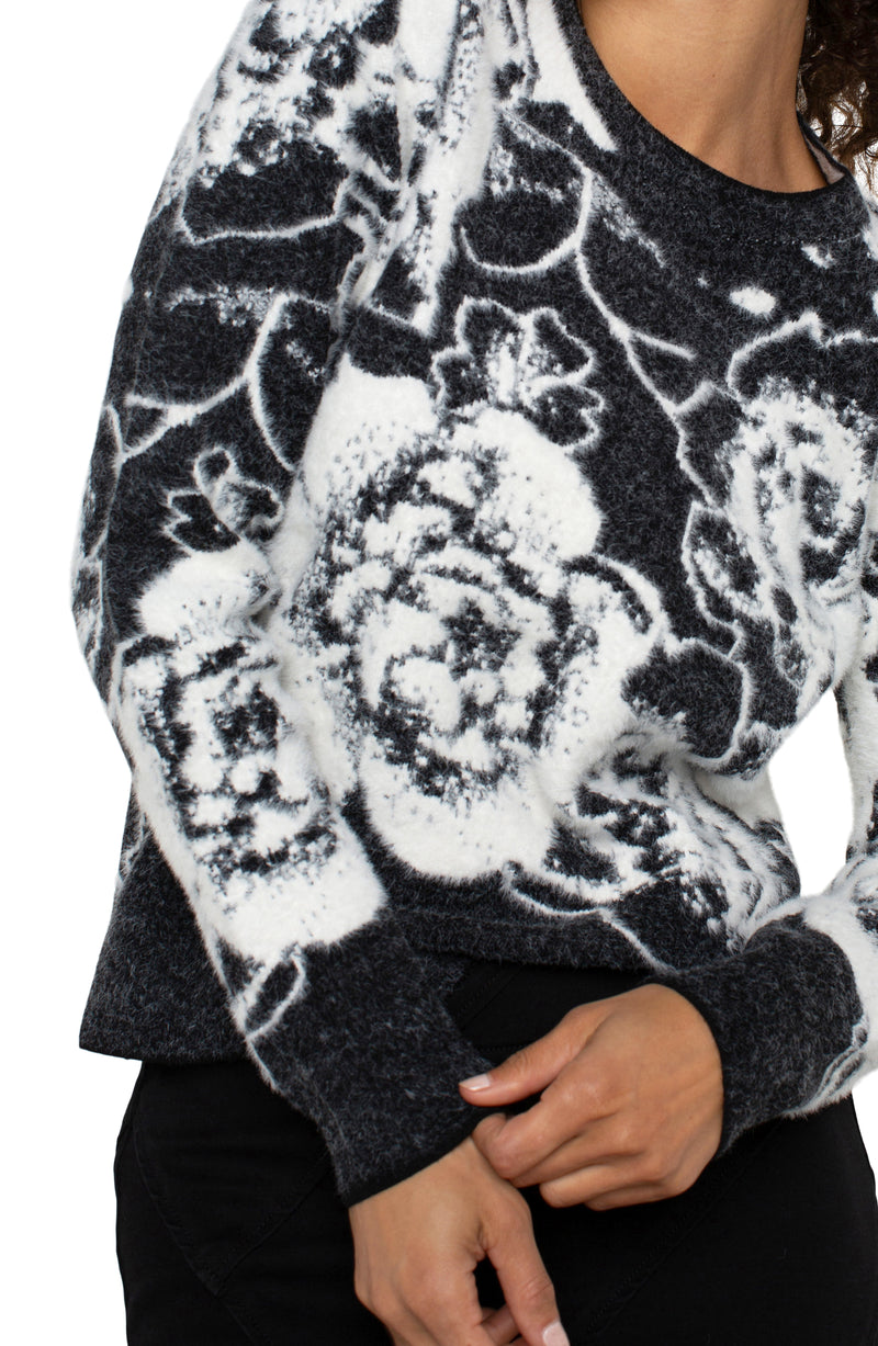 Textured Crew Neck Sweater Black + White Floral