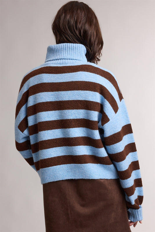 Bold Striped Turtleneck Sweater Sky + Brown