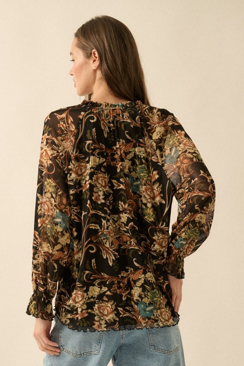 Floral Print Flared Ruffle Cuff Mesh Top Black