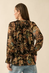 Floral Print Flared Ruffle Cuff Mesh Top Black