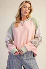 Floral Embroidered Crochet Terry Pullover Faded Coral