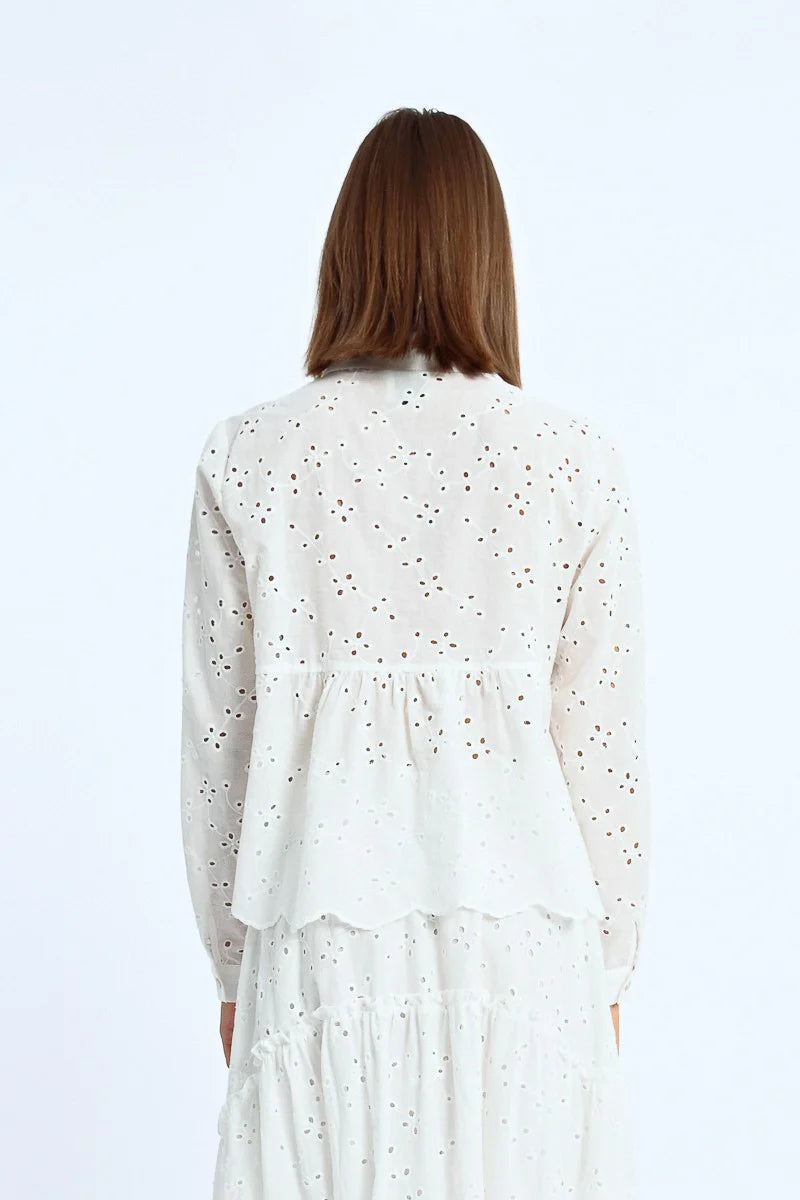 Scallop Hem Peplum Back Eyelet Button Down Shirt White