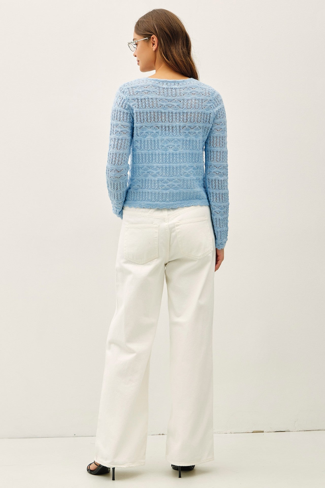 Scallop Edge Crochet Knit Cardigan Sky Blue
