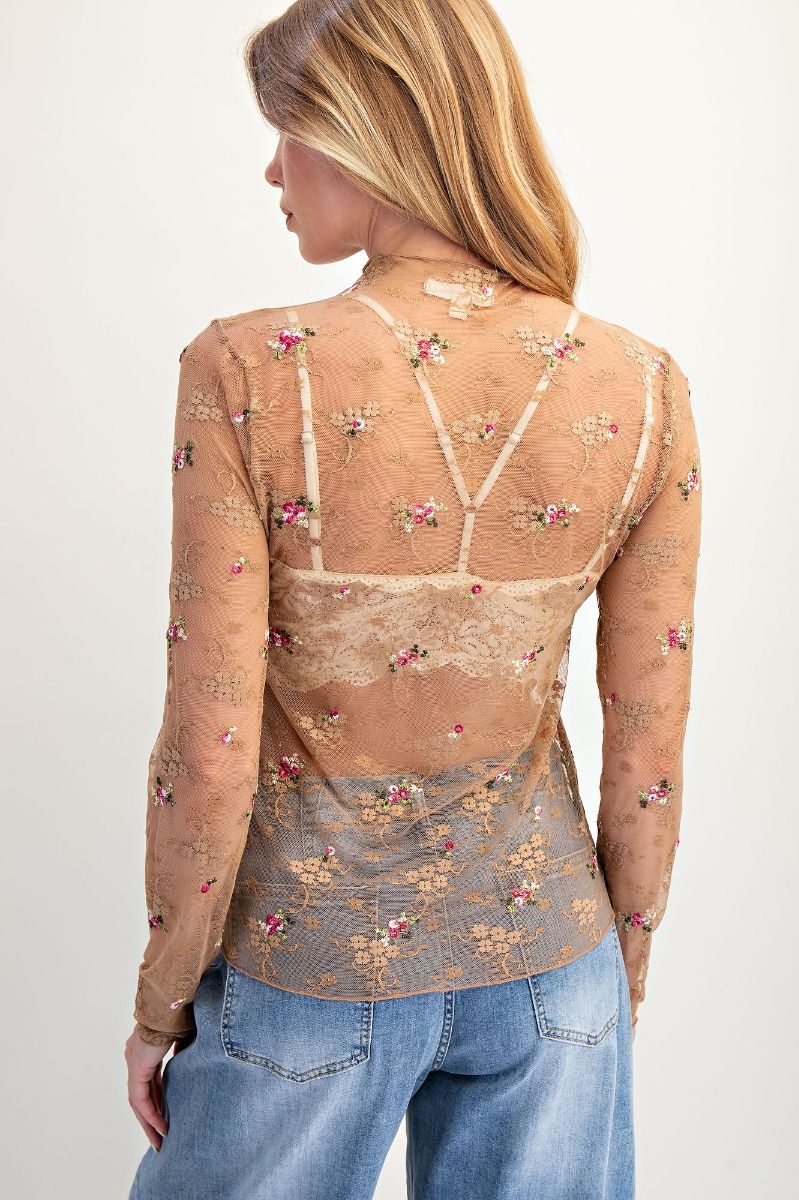 Floral Embroidery Lace Top Camel