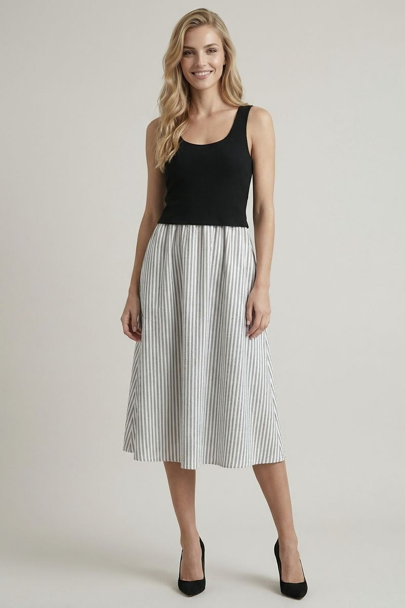 Striped Skirt Twofer Midi Dress Off White