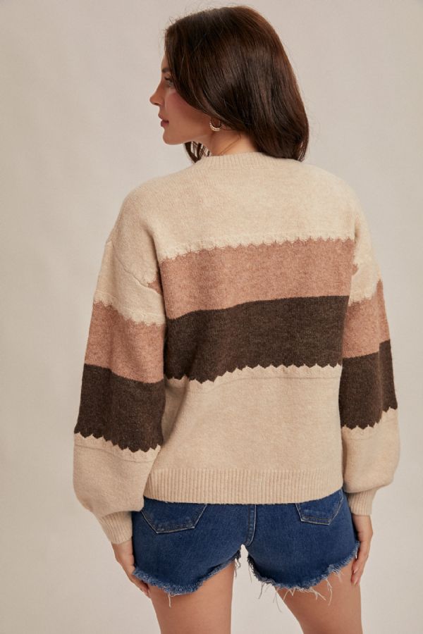 Color Block Rosette Detailed Sweater Cardigan Oatmeal + Mauve