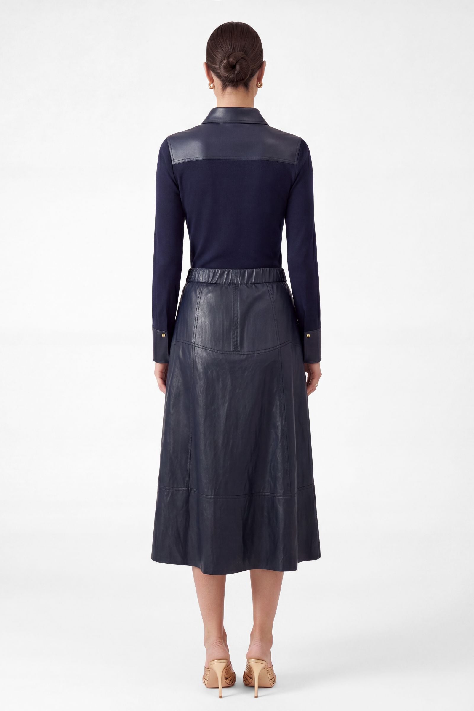 A-line Midi Leather Pull On Skirt Navy