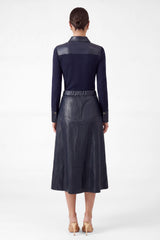 A-line Midi Leather Pull On Skirt Navy