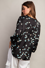 Butterfly Print Button Cuff Blouse Blue