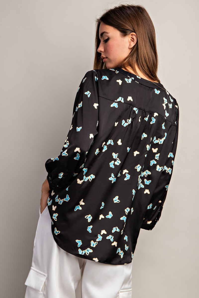 Butterfly Print Button Cuff Blouse