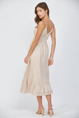 Stripe Smocked Bodice V Neck Dress Beige Multi