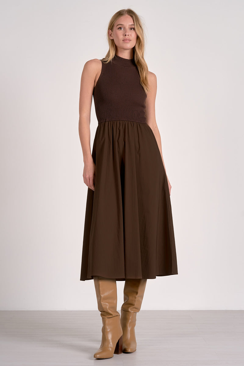 Mock Neck Ribbed Contrast Midi Dress Cocoa