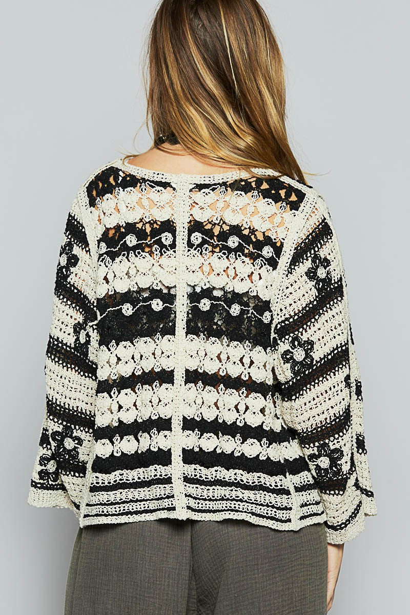 Rounded Neck Crochet Stripe Cardigan