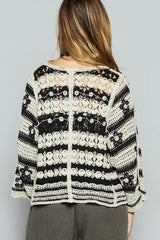 Rounded Neck Crochet Stripe Cardigan