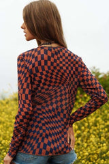Checkboard Mesh Layering Top Brown Black