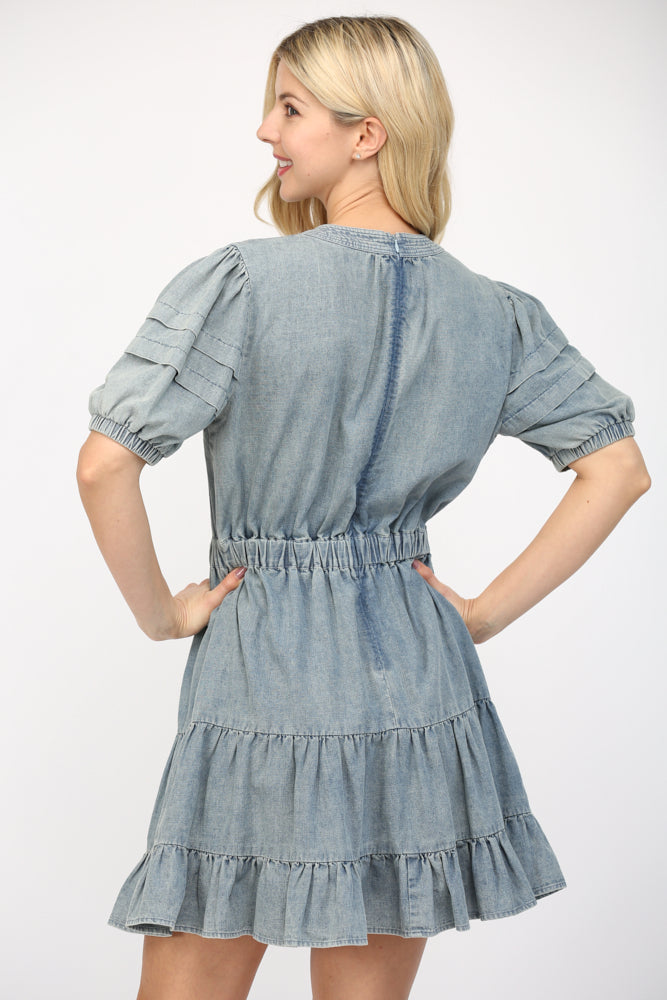 Stitched Neck Band Tuck Detailed Mini Dress Light Denim