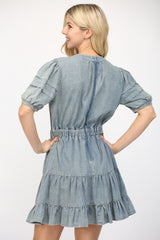 Stitched Neck Band Tuck Detailed Mini Dress Light Denim