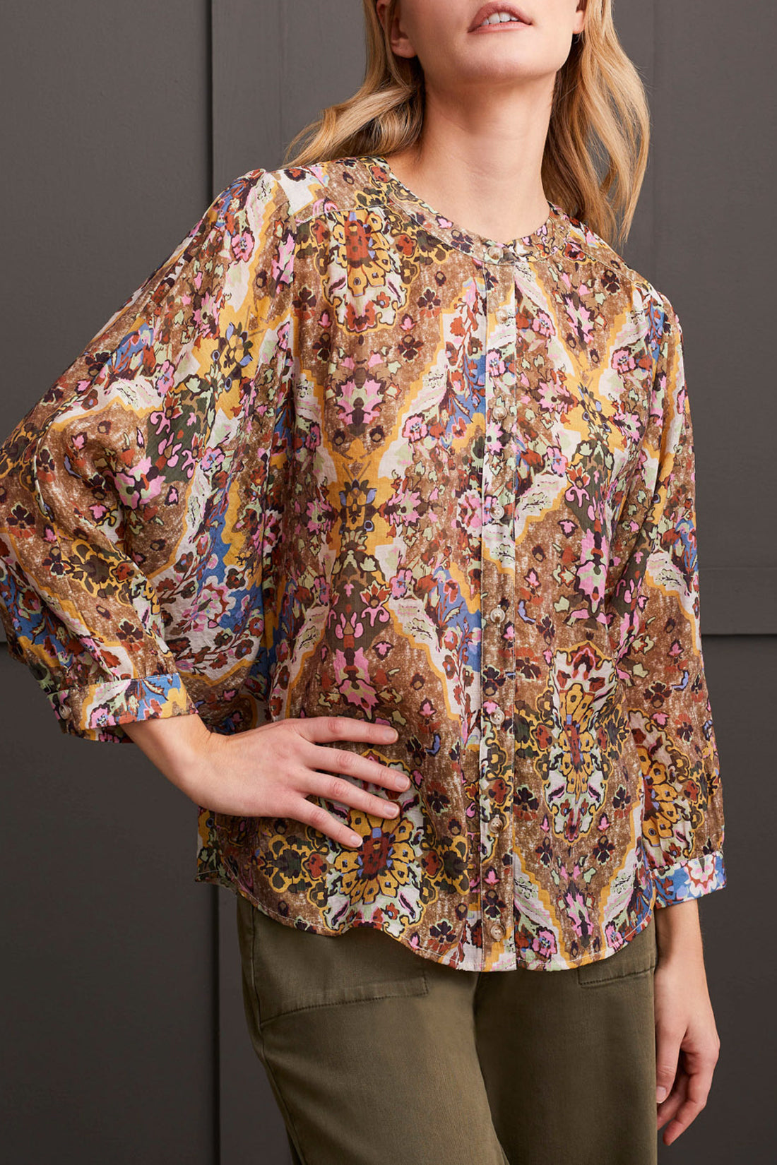 Printed Dolman Sleeve Button Down Blouse Grape Floral Mix