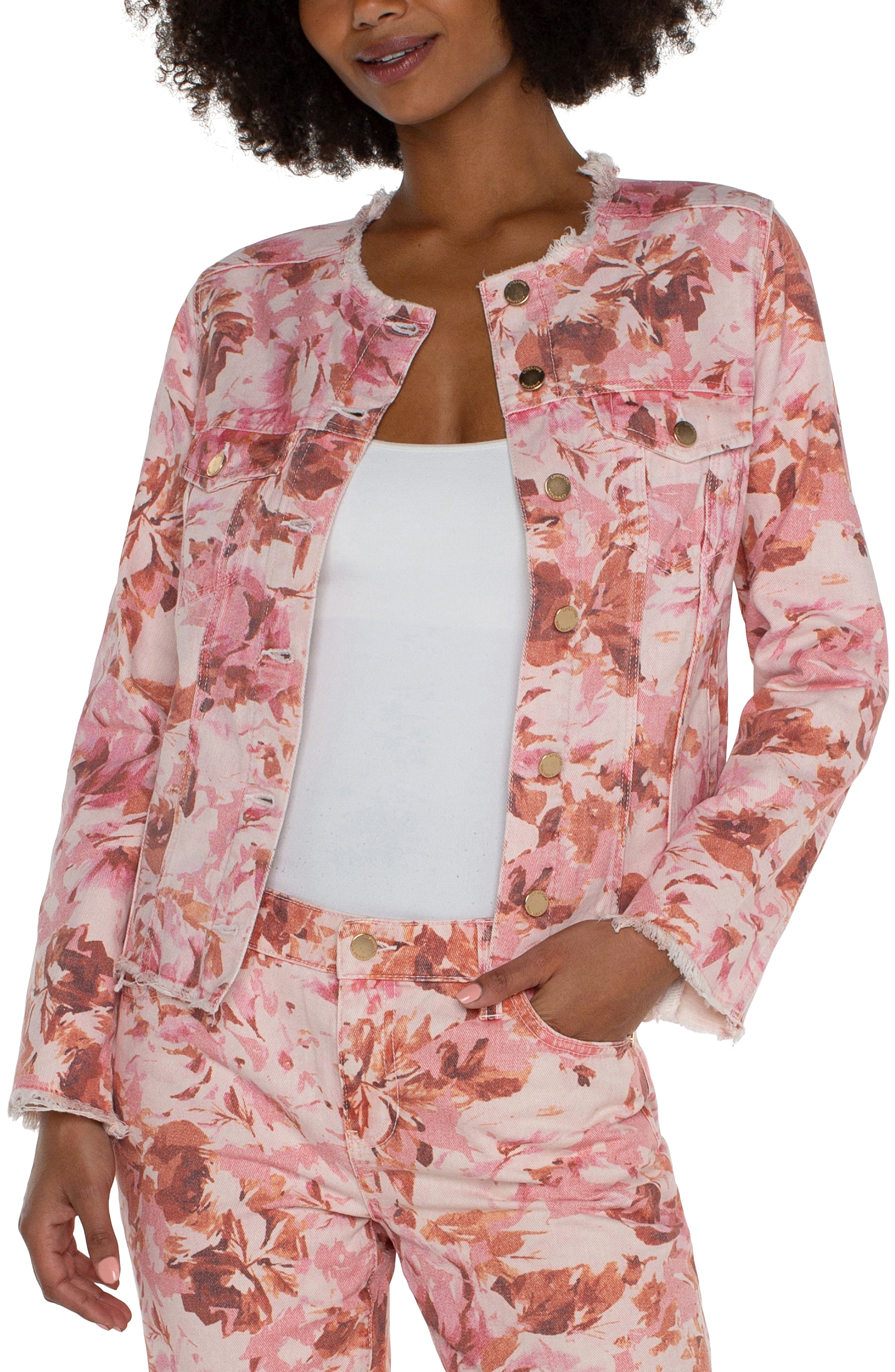 Fray Hem Classic Jean Jacket Pink Floral