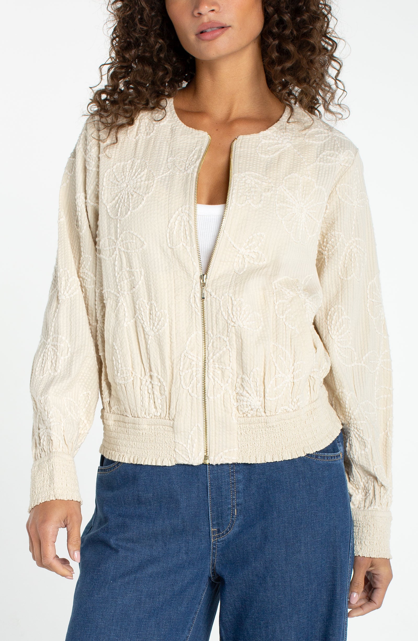 Stitched Floral Detail Bomber Jacket Pale Sand Stone