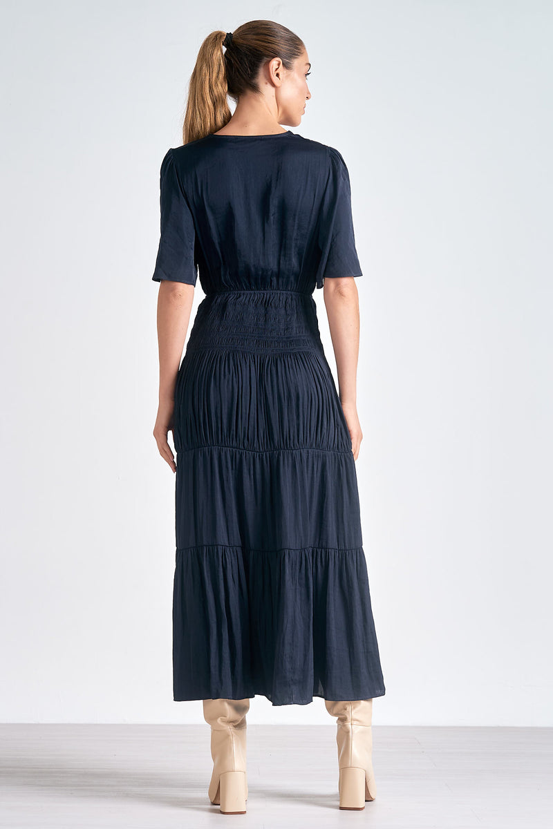 Smocked Bodice Tiered Satin Maxi Dress Navy