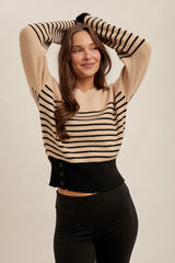 Button Bottom Stripe Detail Sweater Taupe + Black