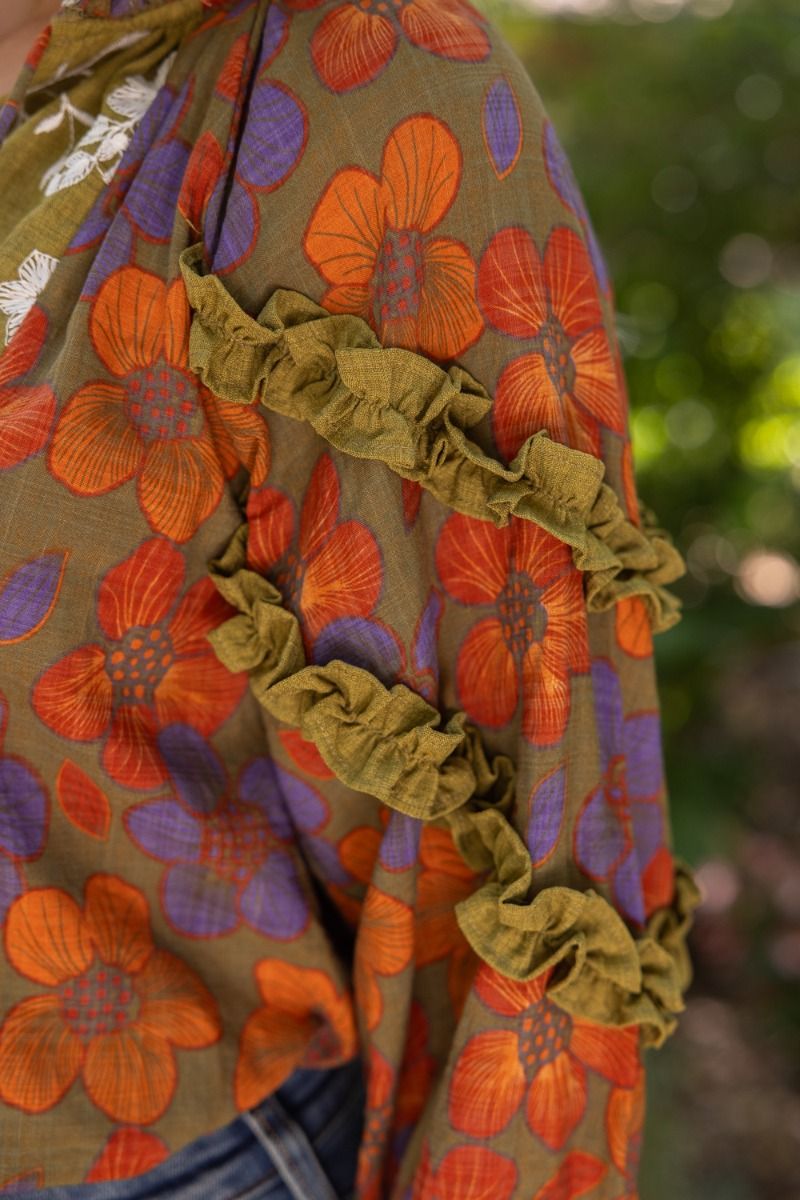 3/4 Sleeve Ruffle Detail Color Block Printed Top Olive